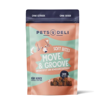 Emballage de nourriture pour chien étiqueté "Soft Bites Move & Groove," présentant un chien de dessin animé et le texte "Huhn mit Lachs" et "Unterstützt den Bewegungsapparat."