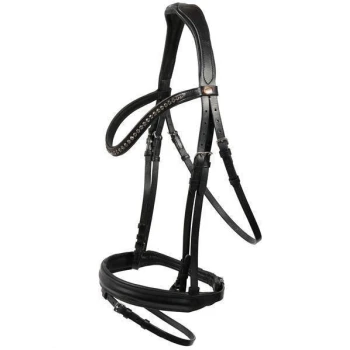 Schwarzes Lederpferdegeschirr mit dekorativen Details, mit mehreren Riemen und Schnallen zur Anpassung.