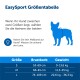 EasySport Hundemaßstab mit blauer Silhouette; Größen: S (53-69 cm, 9-13,6 kg), M (66-81 cm, 11,3-25 kg), L (74-109 cm, 22,6-36,3 kg).