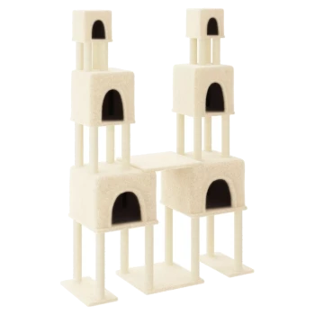 Ein hoher, mehrstöckiger Katzenbaum mit beigem Stoff, mit mehreren würfelförmigen Verstecken und Plattformen zum Klettern und Ausruhen.