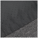 Gros plan sur un tissu de lit pour animaux de compagnie noir texturé avec un motif à pois et une section tissée, montrant durabilité et confort.