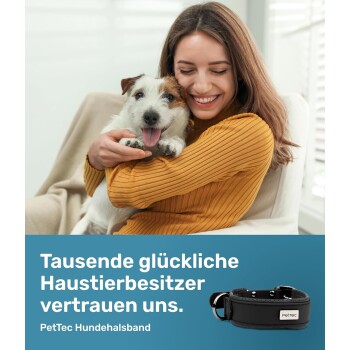 Eine Person in einem senfgelben Pullover hält einen kleinen Hund mit einem schwarzen Halsband. Text: "Tausende glückliche Haustierbesitzer vertrauen uns."