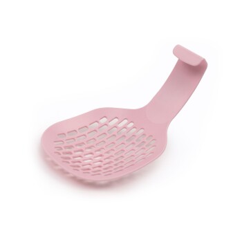 Rosa Katzenstreu-Schaufel mit einem geschlitzten Design für einfache Reinigung, mit einem geschwungenen Griff für einen bequemen Halt.