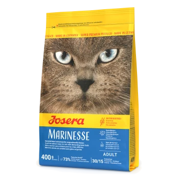Josera Marinese Katzenfutterbeutel mit einer Nahaufnahme eines Katzenkopfes, beschriftet mit "Getreidefrei", "Hypoallergen" und "Erwachsene", mit Nährstoffdetails.