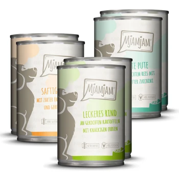 Pack mixte Adult 6 x 400 g Pack mix 1 Quatre boîtes de nourriture pour chien Mjamjam avec différentes saveurs : "Saftiges Rind", "Leckeres Rind", "Zarte Pute" et "Hühnchen".