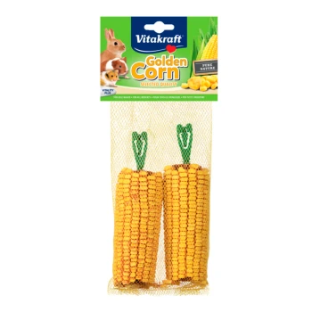 Vitakraft Golden Corn Haustier-Leckerli-Verpackung mit zwei Maiskolben-Leckerlis in einem Netzbeutel, beschriftet mit "Ausgewählte Qualität" und "Reine Natur."