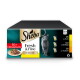 Sheba Fresh & Fine in Sauce 50× MEGAPACK-Box mit grauer Katze, einem Teller mit Nassfutter und drei Folienbeuteln.