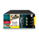 Sheba Fresh & Fine in Sauce 50× MEGAPACK-Box mit grauer Katze, einem Teller mit Nassfutter und drei Folienbeuteln.