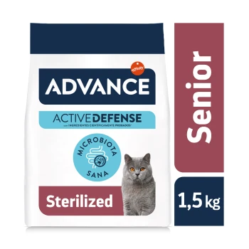 Nourriture pour chats Advance Active Defense pour seniors, 1,5 kg, présentant un chat gris sur l'emballage et des affirmations sur la santé du microbiote.
