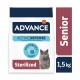 Advance Active Defense Katzenfutter für Senioren, 1,5 kg, mit einer grauen Katze auf der Verpackung und Ansprüchen zur Mikrobiota-Gesundheit.