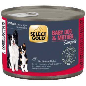 Select Gold Baby Dog & Mother Complete weiche Mousse-Hundenahrung Dose mit Bildern von zwei Hunden und Text „Mit DHA aus Fischöl.“