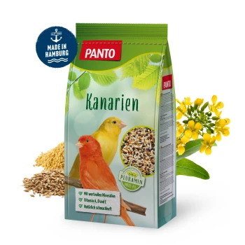 Eine Tüte PANTO Kanarienvogel-Futter mit einem roten und gelben Kanarienvogel auf der Vorderseite, mit Körnern und Blumen im Hintergrund.