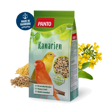 Eine Tüte PANTO Kanarienvogel-Futter mit einem roten und gelben Kanarienvogel auf der Vorderseite, mit Körnern und Blumen im Hintergrund.