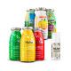 Sechs bunte SMOOTHIEDOG-Hundesnacks in Flaschen (Lamm, Huhn, Rind, Immunio, Veggie) und eine weiße RELAXIO-Pumpflasche.