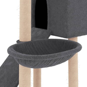 Ein grauer Katzenbaum mit einer gemütlichen Hängematte, Kratzpfosten und einem kleinen geschlossenen Versteck.