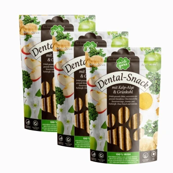 Drei Pakete "Dental-Snack" für Haustiere, mit Algen und Grünkohl, gekennzeichnet als 100% Gemüse und 100% irisch.