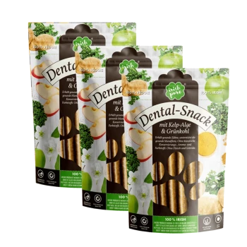 Drei Pakete "Dental-Snack" für Haustiere, mit Algen und Grünkohl, gekennzeichnet als 100% Gemüse und 100% irisch.