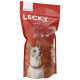 Sac rouge de biscuits pour chiens LECKY Atlantic, avec une photo d'un chien à l'avant et du texte en plusieurs langues.