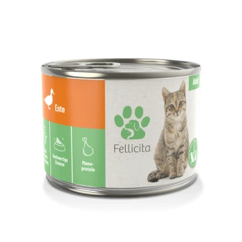 Ente pur 6 x 200g Dosenfutter "Fellicita" für Katzen mit einem Tabby-Katzen-Design, das den Entengeschmack und hochwertige Zutaten in orangefarbenen und grünen Abschnitten hervorhebt.