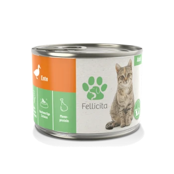 Dosenfutter "Fellicita" für Katzen mit einem Tabby-Katzen-Design, das den Entengeschmack und hochwertige Zutaten in orangefarbenen und grünen Abschnitten hervorhebt.