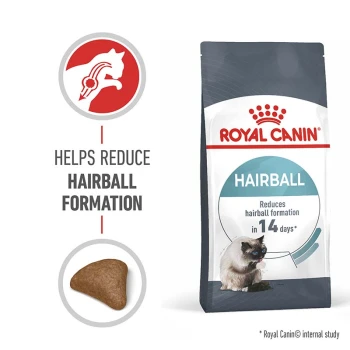 Royal Canin Hairball cat food bag, featuring a cat graphic, claims to reduce hairball formation in 14 days, with a kibble piece shown.