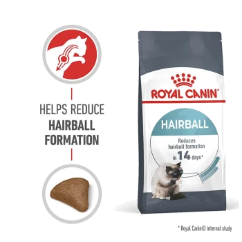 Royal Canin Hairball cat food bag, featuring a cat graphic, claims to reduce hairball formation in 14 days, with a kibble piece shown.