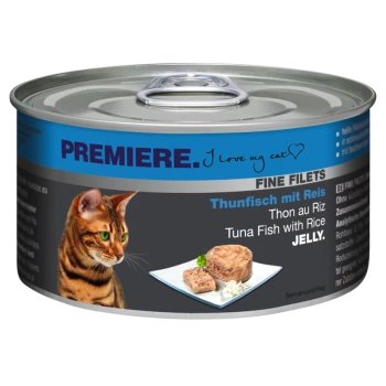 Cat food can featuring a tabby cat, labeled "Premiere. I love my cat," with "Tuna Fish with Rice in Jelly" prominently displayed.