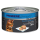 Boîte de nourriture pour chats présentant un chat tigré, étiquetée "Premiere. J'aime mon chat," avec "Thon avec Riz en Gelée" affiché en évidence.