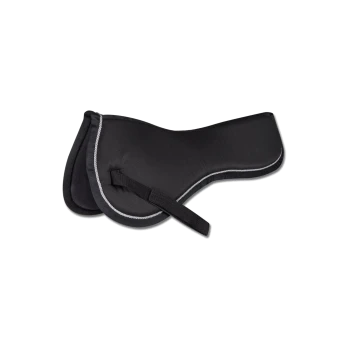 Schwarze gepolsterte Sattelunterlage mit einem Riemen, die ein elegantes Design und kontrastierende weiße Nähte aufweist.