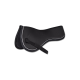 Schwarze gepolsterte Sattelunterlage mit einem Riemen, die ein elegantes Design und kontrastierende weiße Nähte aufweist.