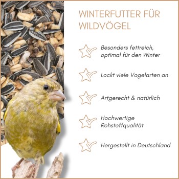 Gemischte Vogelfuttersaatmischung mit Sonnenblumenkernen, Erdnüssen und Körnern für Ziervögel.