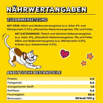 Nährwertangaben für Katzenfutter mit Käse und Katzenminze, Protein 2 %, Fett 9 %, Feuchtigkeit 83 %, 98 kcal/100g, mit einer verspielten Katzenillustration.