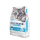 Ein Beutel Odourlock maxCare Katzenstreu mit einer Nahaufnahme einer grauen Katze, mit "40 Tage Garantie" und "Überwachung von Gesundheitsproblemen" in Blau.