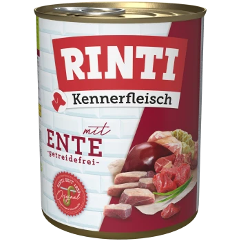 Dosenfutter für Hunde mit der Aufschrift 'RINTI Kennerfleisch mit ENTE - getreidefrei', mit Fleisch- und Leberstücken auf einem hellen Hintergrund.