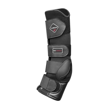 Schwarze Pferdeboot mit verstellbaren Riemen, mit LeMieux-Branding und einer schützenden Außenschale, entworfen für die Unterstützung von Pferden.