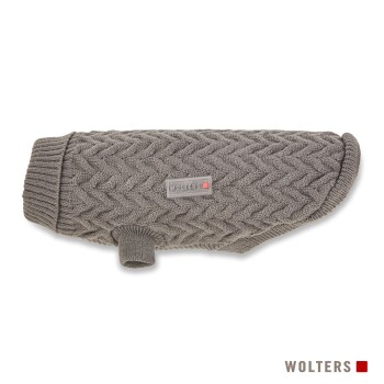 Grijze gebreide hondenpullover met een visgraatpatroon, met een WOLTERS-label aan de zijkant.