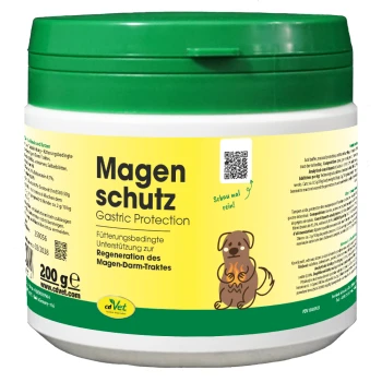 Behälter von cdVet Magenschutz (Magen-Schutz) für Haustiere, 200g, mit einem grünen Deckel und einem Etikett mit deutschem und englischem Text.