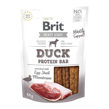 Brit Meaty Jerky Baton białkowy z kaczki dla dorosłych psów, 80g, wzbogacony błoną jajową, z wizerunkiem kaczki i napisem "Bez zbóż, barwników, cukrów."