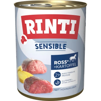 Dosenfutter 'RINTI SENSIBLE' mit Pferdefleisch und Kartoffeln, mit Bildern von rohen Zutaten und glutenfreiem Etikett.