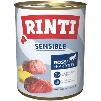 Dosenfutter 'RINTI SENSIBLE' mit Pferdefleisch und Kartoffeln, mit Bildern von rohen Zutaten und glutenfreiem Etikett.