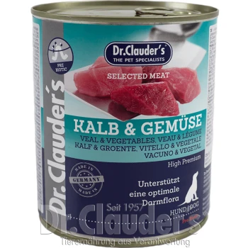 Dosenfutter für Haustiere von Dr. Clauder's mit Kalbfleisch und Gemüse, beschriftet mit 'Kalb & Gemüse,' mit Text in mehreren Sprachen und einem präbiotischen Symbol.