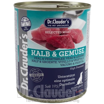 Dosenfutter für Haustiere von Dr. Clauder's mit Kalbfleisch und Gemüse, beschriftet mit 'Kalb & Gemüse,' mit Text in mehreren Sprachen und einem präbiotischen Symbol.