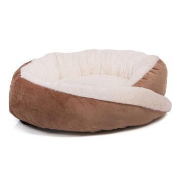 Ein gemütliches, rundes Haustierbett mit einem weichen, plüschigen Innenraum in Creme und einem braunen Außenbereich, ideal für kleine bis mittelgroße Haustiere.