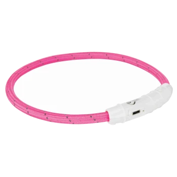 Un collier pour animaux de compagnie rose vif avec une lumière LED blanche et un port de chargement, conçu pour la visibilité lors des promenades.