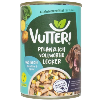 Eine Dose Vutter! Hundefutter mit einem grünen Etikett, "Pflanzlich Vollwertig Lecker", mit Kartoffeln, Spinat und einem braunen Hund.