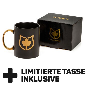 Schwarze Tasse mit einem goldenen Katzen- und Ahornblattlogo, neben einer schwarzen Box mit der Aufschrift "CanadianCat", mit dem Text "+ LIMITIERTE TASSE INKLUSIVE."
