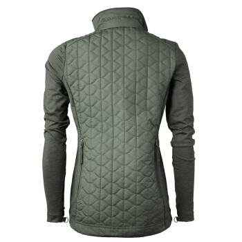 Rückansicht einer grünen, gesteppten Haustierjacke mit langen Ärmeln und Reißverschlusstaschen, entworfen für Wärme und Komfort.