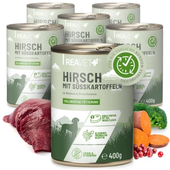 Dosen von REAVET+ Hundefutter mit der Aufschrift "Hirsch mit Süßkartoffeln", die Wildfleisch, Süßkartoffeln, Brokkoli und Cranberries enthalten, jeweils 400g.