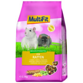 Sac rose MultiFit de 2,5 kg pour rats montrant deux rats, texte 'Mischfuttermittel für Ratten' et 'Compound feed for rats'.