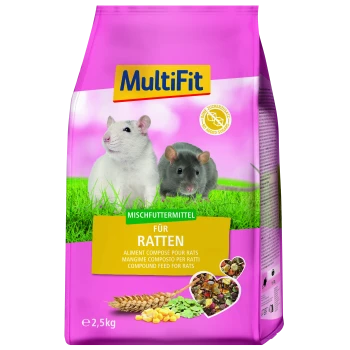 MultiFit pinker 2,5-kg-Beutel Rattenfutter mit zwei Ratten abgebildet, Text "Mischfuttermittel für Ratten" und "Compound feed for rats".